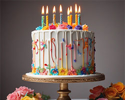 White Birthday Cake colourful icing on cake stand with candles lit up 